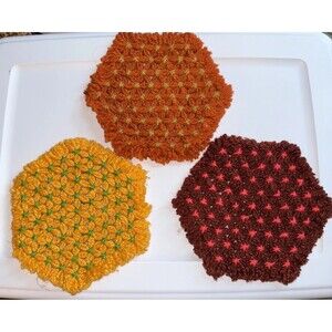 3 Vintage Crocheted  Potholders Trivets Kitsch Grandmacore Retro 60-70’s